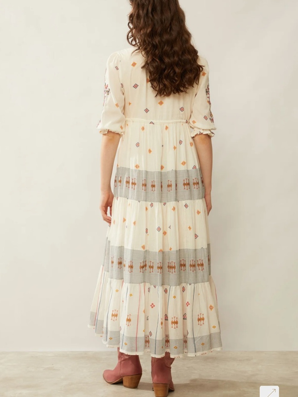 Embroidered Cream Maxi Dress with V-Neck Tassel Tie - Picture 5 of 9
